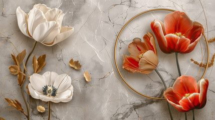 An exquisite floral arrangement with white and red flowers set on a light gray marble background, highlighted by gold accents, exuding sophistication and artistry, panel wall art