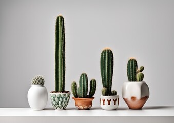 collection Set of different mixed cactus and succulents types of small mini plant in modern ceramic nordic vase pot as furniture cutouts isolated on white background