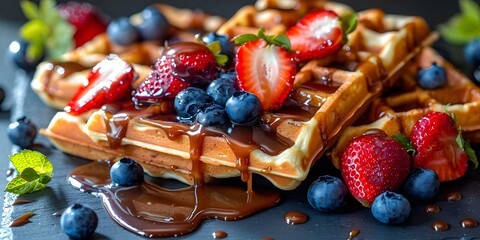 Topdown view of Belgian waffles with blueberries strawberries and caramel sauce. Concept Food Photography, Sweet Treats, Breakfast Ideas, Belgian Cuisine, Dessert Creations