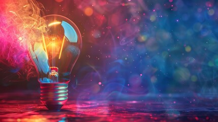 A brilliant, vivid concept banner with a lightbulb, a brainstorming visualization, an idea and creative thought bubble, copy space, Generative AI.