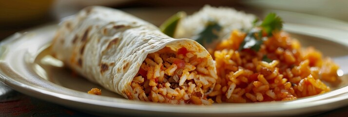 A white plate holds a neatly rolled burrito and a side of red rice, showing the details of each food item