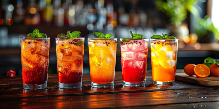 Row of colorful cocktails with ice and mint leaves, ideal for party and beverage ideas.