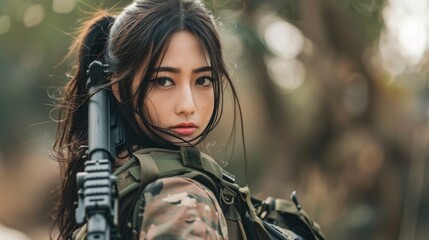 A woman with a gun and a backpack is posing for a picture