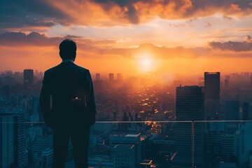 Fototapeta premium A businessman views the city at dawn, Generative AI.