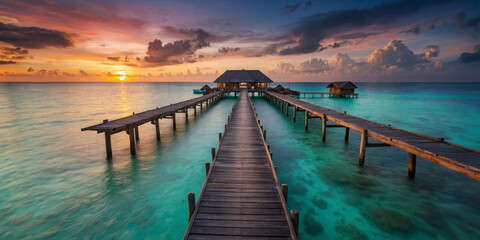 Fototapeta premium Panoramic view of the resort, turquoise water, beautiful sky, platform to the hotel.