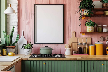 Mockup of a vertical poster on a kitchen wall. Modern colorful interior