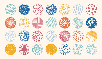 Round abstract colored set hand drawn doodle shapes. Backgrounds in the form of a circle of spots, lines, splashes, curves, stripes and dots.