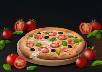 Pizza ad. Restaurant menu. Pepperoni delivery. Italian food. Cooking ingredients. Basil leaves or tomato slices. Realistic bakery meal. Cheese and ketchup. Vector pizzeria template