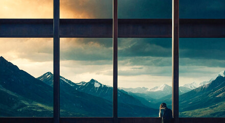 a painting of a person with a backpack on a bridge looking out over mountains covered in snow, grass, and trees on a cloudy day. Area for motivational text
