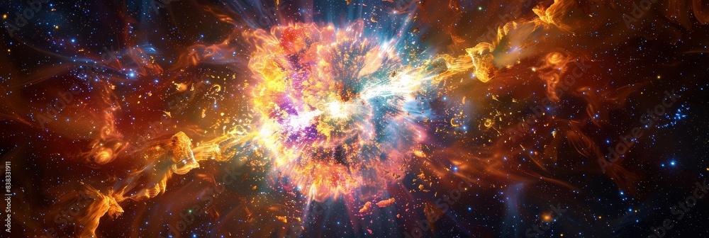 Poster Captivating image depicting a massive supernova explosion,showcasing a stunning display of cosmic colors,intense light,and the expanding debris of a disintegrating star.