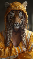Tiger-Faced Woman in Yellow Hoodie With Arms Crossed. Generative AI