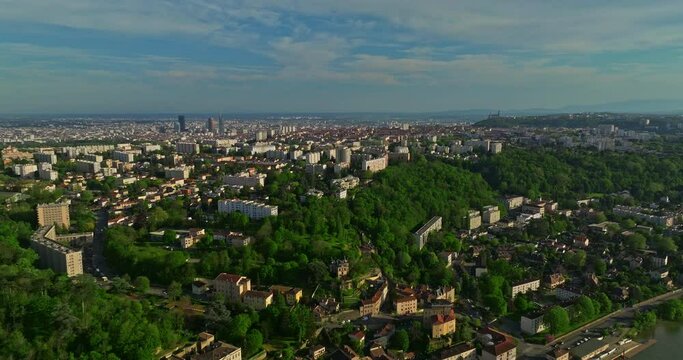 Aerial view of suburb of the French city of Lyon view of the river. France 