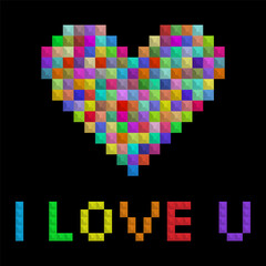 Colorful heart. Colorful squares. Pixel art style.