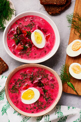 Polish summer vegetable soup made from beet tops with boiled egg botwinka .