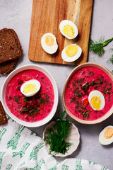 Polish summer vegetable soup made from beet tops with boiled egg botwinka .