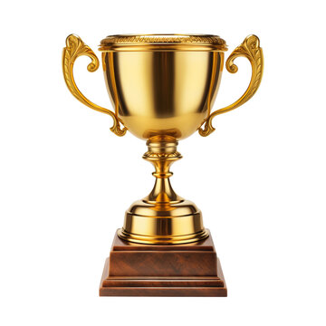 gold tropy cup with plain solid handles and a wooden base on an isolated white background