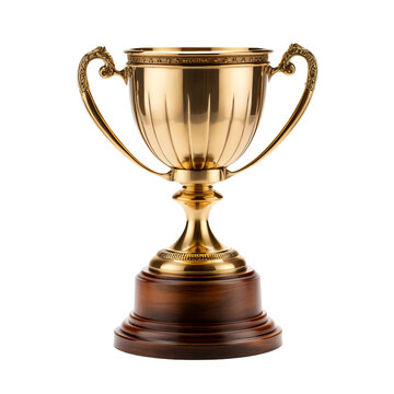gold tropy cup with plain solid handles and a wooden base on an isolated white background
