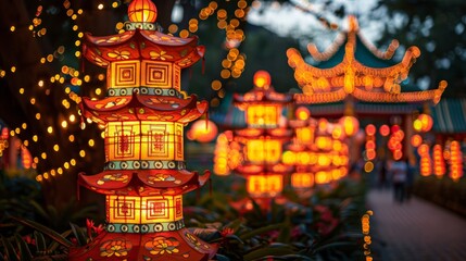 Fototapeta premium Festival of Lights: a mesmerizing festival of lights with glowing lanterns, festive decorations, and joyous participants,