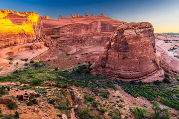 The Upper Delicate Arch Viewpoint in Arches national Park near Moab in Utah early in the morning sunrise. 