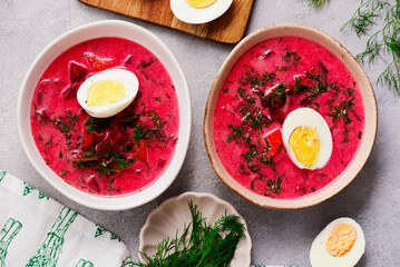 Polish summer vegetable soup made from beet tops with boiled egg botwinka .