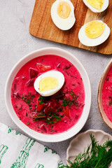 Polish summer vegetable soup made from beet tops with boiled egg botwinka .
