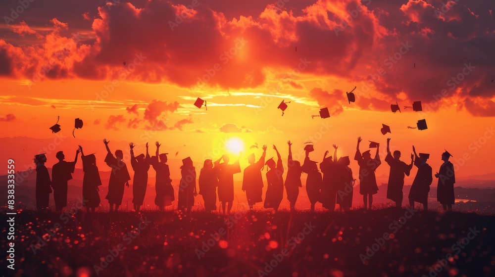 Sticker A group of graduates throwing their caps in the air at sunset, celebrating their achievements joyfully.