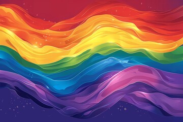 Waving rainbow flag on purple background symbolizing LGBTQ pride and resilience in a vibrant and dynamic digital illustration