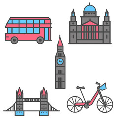 Set of London Landmark Places and Elements, Famous Architectural Monuments, Big Ben, London Bridge, Double Decker Red English Bus, Symbols Illustration