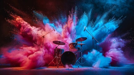 A dynamic and vibrant depiction of a rock concert scene with drums and guitars exploding in a burst of red and blue colors.