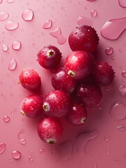 Red Cranberries With Water Droplets On Pink Surface. Generative AI