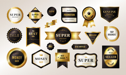 Premium label. Gold icon. Award or banner tag. Product brand logo or promotion stamp. Sale seal for luxury quality certificate. Super discount badge. Vector shopping shiny symbols set