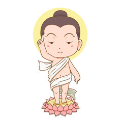 The baby Buddha was walking with lotus flower supporting his feet. Point his finger up to the sky and down to the ground.