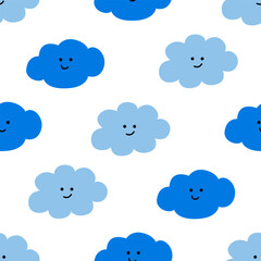 Cute childish seamless pattern with clouds and happy faces. Vector flat background 