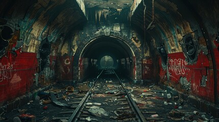 Grimy subway tunnel with litter and graffiti on the walls. 
