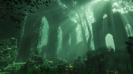 Enchanting Ruins Amid Lush Primeval Forest with Ethereal Lighting