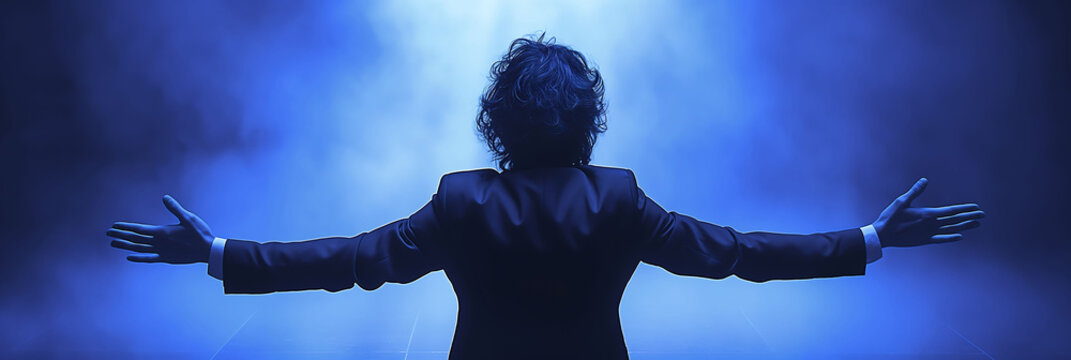 a master of ceremonies, surrounded by fog, presents a show with open arms