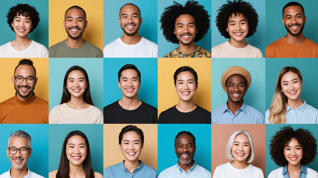 Collage of different people smiling, men and women from various age and race, multicultural. Diversity, inclusion, equality within one single grid of faces