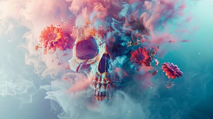 The dynamic of artistic design creates an abstract disintegrating skull set against a colorful smoking space with rustic vintage flowers
