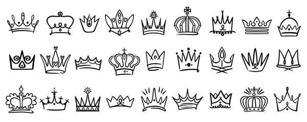 Doodle crowns. Hand drawn princess and prince line sketch isolated decorative elements, queen or king outline tiara, royal retro elements with diamonds. Royal heraldry sign. Vector icons