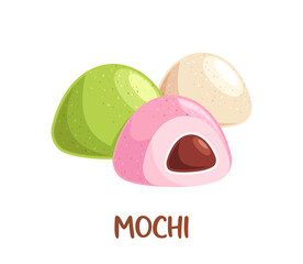 Three Japanese Mochi Desserts, Green, Pink With A Filling And Beige Isolated On White Background, Cartoon Illustration