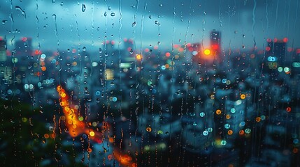 Obraz premium A mesmerizing view of a cityscape during a rainy night, with bright lights and raindrops on the window creating a serene urban ambiance.