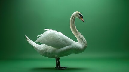 Elegant white swan standing gracefully against a vibrant green background, showcasing the beauty and serenity of nature.