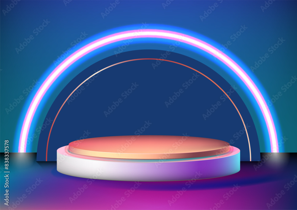 Poster neon podium. product exhibition. show 3d stage. glowing led lamp frame. illuminated showcase. empty 