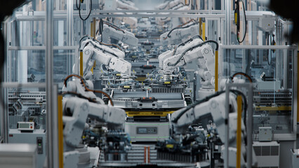 Row of White Robotic Arms at Factory. Lithium-Ion EV Battery Pack Production at Large Automated Assembly Line at Bright Factory Equipped With Industrial Robot Arms. Electric Car Manufacturing.