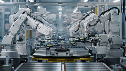 Row of White Robotic Arms at Modern Factory. Lithium-Ion EV Battery Pack Production at Automated Assembly Line at Bright Factory Equipped With Industrial Robot Arms. Electric Car Manufacturing.