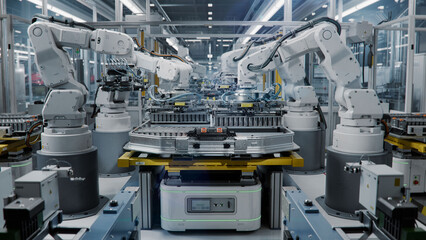 Industrial Robot Arms Assemble Lithium-Ion EV Battery Pack. Electric Car Manufacturing Inside Automotive Smart Factory. Row of White Robotic Arms at Automated Production Line at Bright Modern Factory.