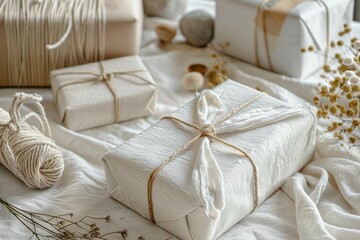 A stylish zero waste gift wrapping station, using fabric wraps, natural twine, and dried flowers, creative and sustainable, perfect for ecoconscious celebrations, copy space