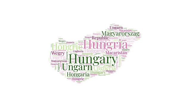Hungary shape word cloud animation. Country boundary filled with country names animated. Hungary presentation video.