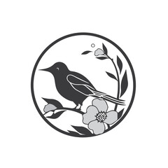 Black bird, leaf and flower vector silhouette illustration,