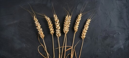 wheat several ears. Wooden on a black background. View from above. 